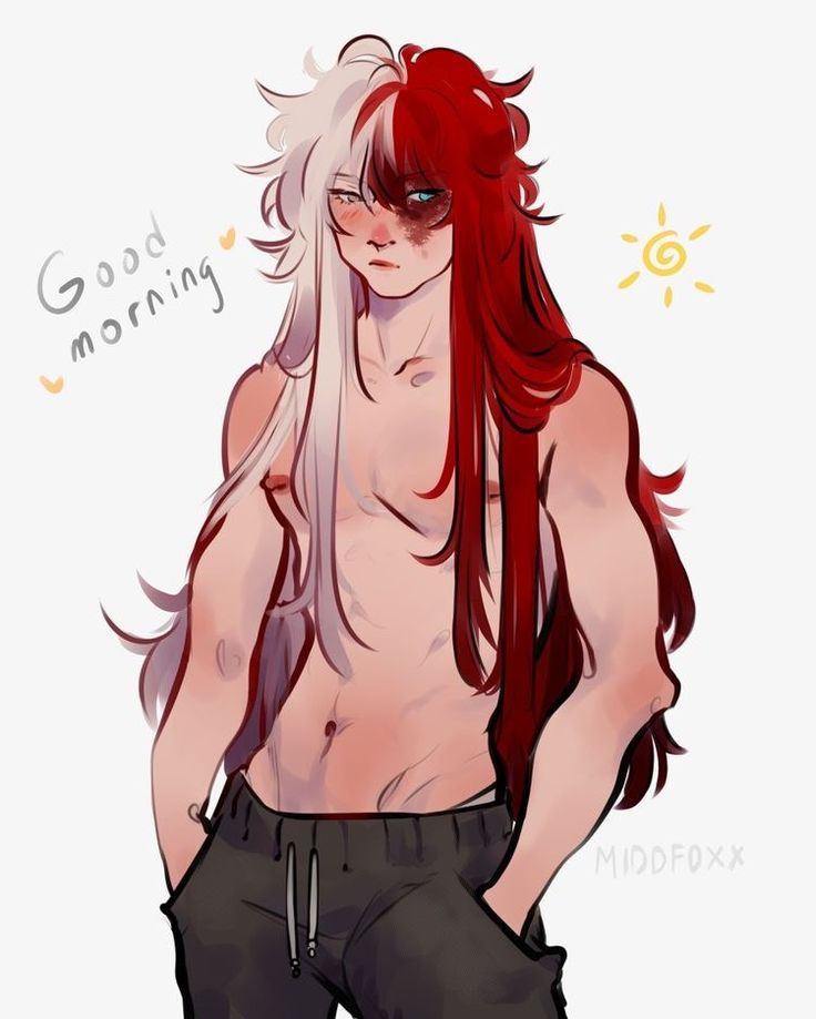 a man with long red hair and no shirt