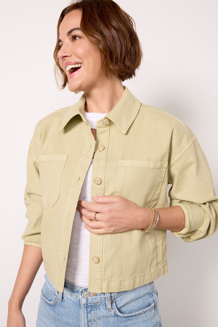 Top off your look with the Connor Shacket by Paige. Designed with a cropped length, this stylish shirt jacket features a front button closure, chest pockets, and a pleated back detail—perfect for layering with tees, tanks, and dresses. Cotton Cropped Jacket With Patch Pockets, Casual Single-breasted Button-up Cropped Jacket, Chic Shacket With Button Closure And Relaxed Fit, Cropped Cotton Utility Jacket For Work, Chic Relaxed Fit Shacket With Button Closure, Trendy Spring Shacket With Relaxed Fit, Relaxed Fit Shacket For Everyday Spring Wear, Fall Cropped Shirt With Pockets, Chic Relaxed Fit Shacket For Workwear