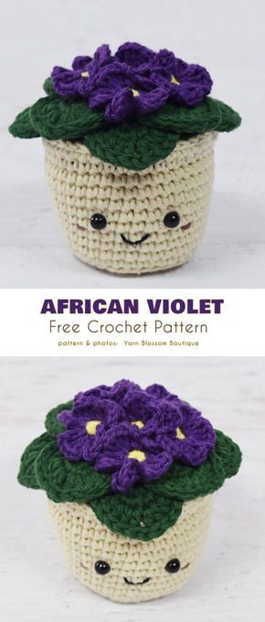 crocheted african violet cupcake with flowers on top and the words free crochet pattern below