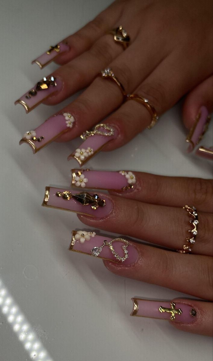 Classic Nails With Gems, Simple Bling Nails Classy, Cute Nails Prom, Long Nails With Charms Y2k, Nail Long Ideas, Milky White Nails With Crystals, Freestyle Medium Nails, Freestyle Nails Acrylic Medium, Raw Nail Designs