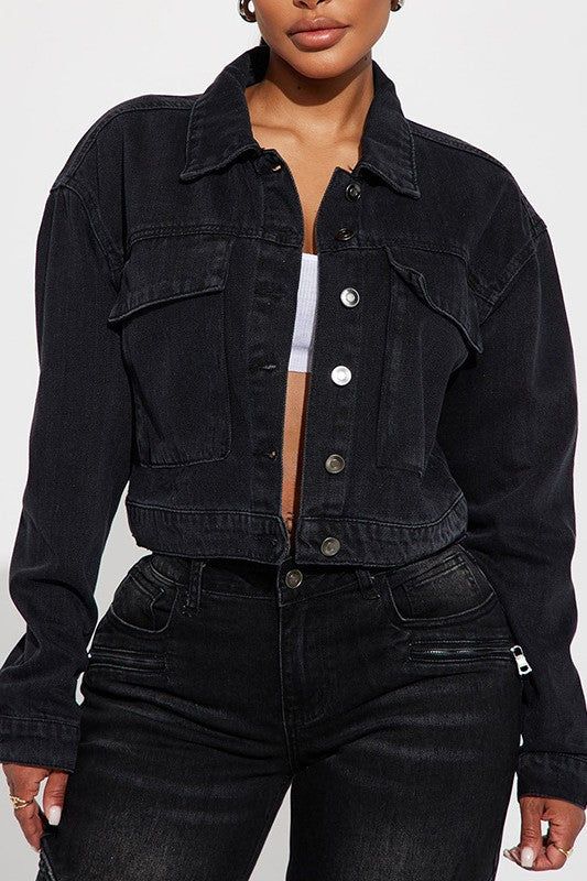 Details-Denim jeans jacket, multi-style wear, long sleeves, front button up, oversized look Model size small 5'8" 36-26-38 S: Bust 39 inch, Length 20 inch, Shoulder 22 inchM: Bust 41 inch, Length 21 inch, Shoulder 23 inchL: Bust 43 inch, Length 21 inch, Shoulder 23 inchXL: Bust 45 inch, Length 22 inch, Shoulder 24 inch2XL: Bust 48 inch, Length 22 inch, Shoulder 24 inchMade In: CHINAFabric Contents: COTTON & POLYESTER Black Utility Outerwear With Buttoned Pockets, Black Denim Button-up Jacket With Snap Buttons, Black Button-up Denim Jacket With Snap Buttons, Urban Long Sleeve Denim Jacket With Buttons, Black Long Sleeve Denim Jacket With Buttons, Black Denim Outerwear With Snap Buttons, Black Cotton Denim Jacket With Buttoned Pockets, Black Urban Denim Jacket With Buttons, Urban Black Denim Jacket With Buttons