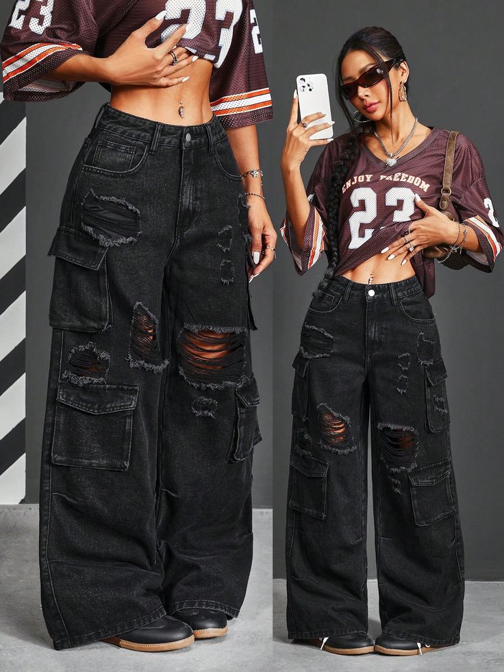 Women's Casual Loose Fit Multiple Pockets Distressed Wide Leg Jeans Black Casual   Denim Plain Straight Leg Non-Stretch  Women Clothing, size features are:Bust: ,Length: ,Sleeve Length: 2000s Woman Fashion, Baggy Jeans Outfit Ripped, Pants With A Lot Of Pockets, Black Ripped Jeans Women, Urban Streetwear Women, Harlem Pants Outfit, Cute Fits Grunge, Skater Style Women, Cool Baggy Pants