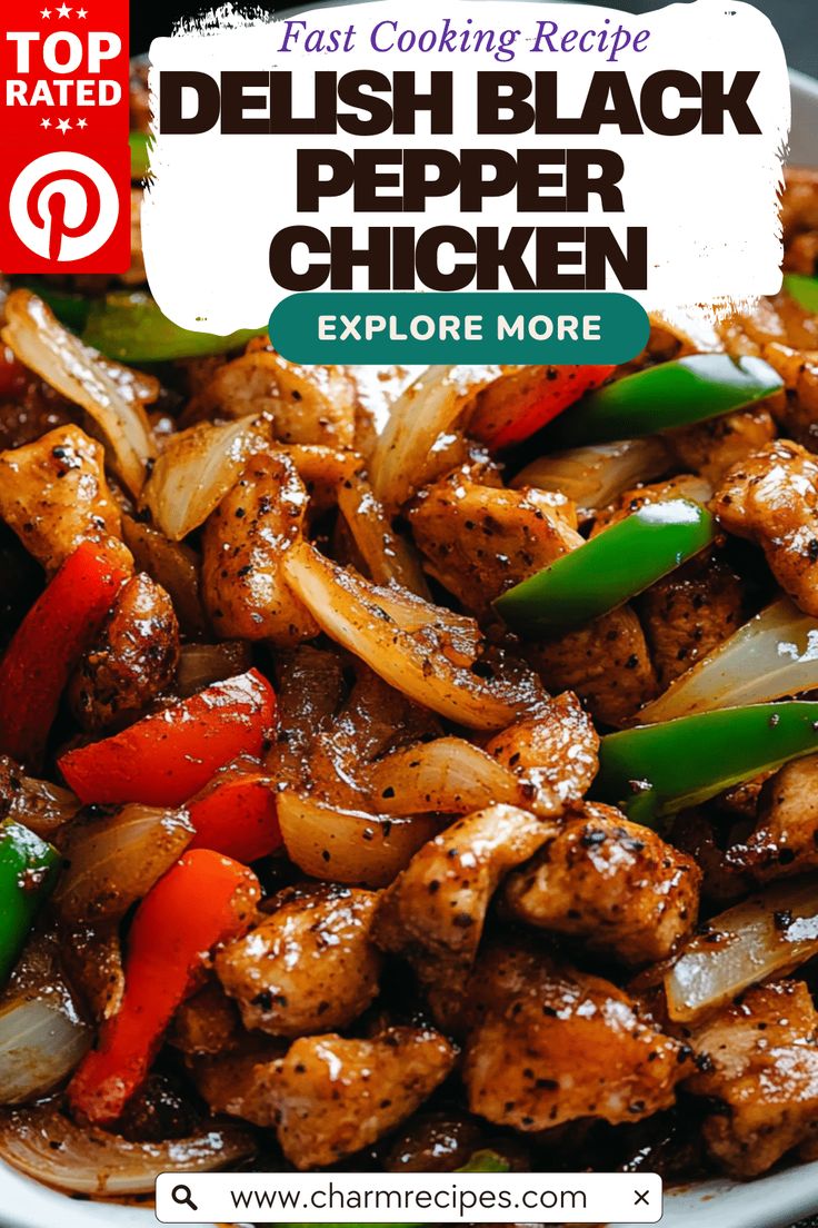 a bowl filled with chicken and peppers on top of a wooden table next to a sign that reads delish black pepper chicken explore more