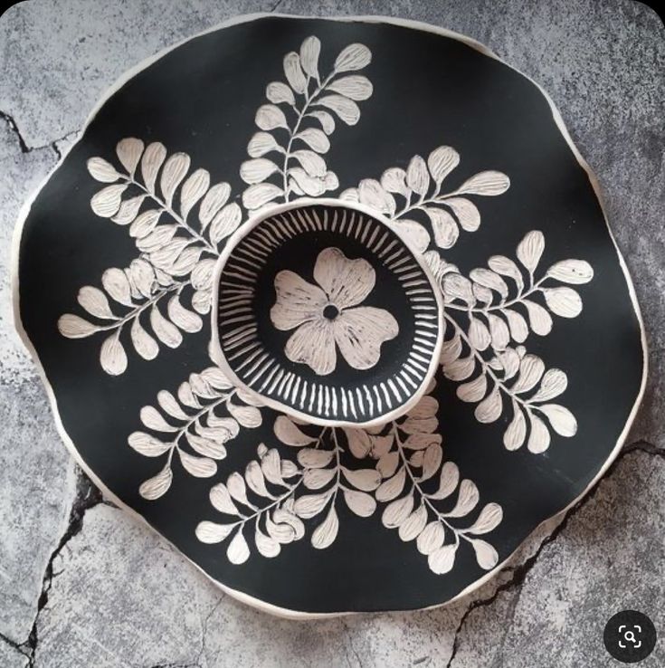 a black and white plate sitting on top of a stone floor next to a plant