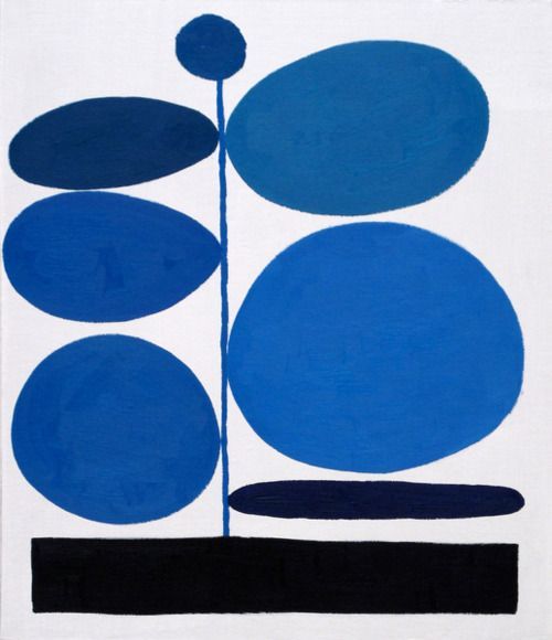 a blue and black painting with circles on it