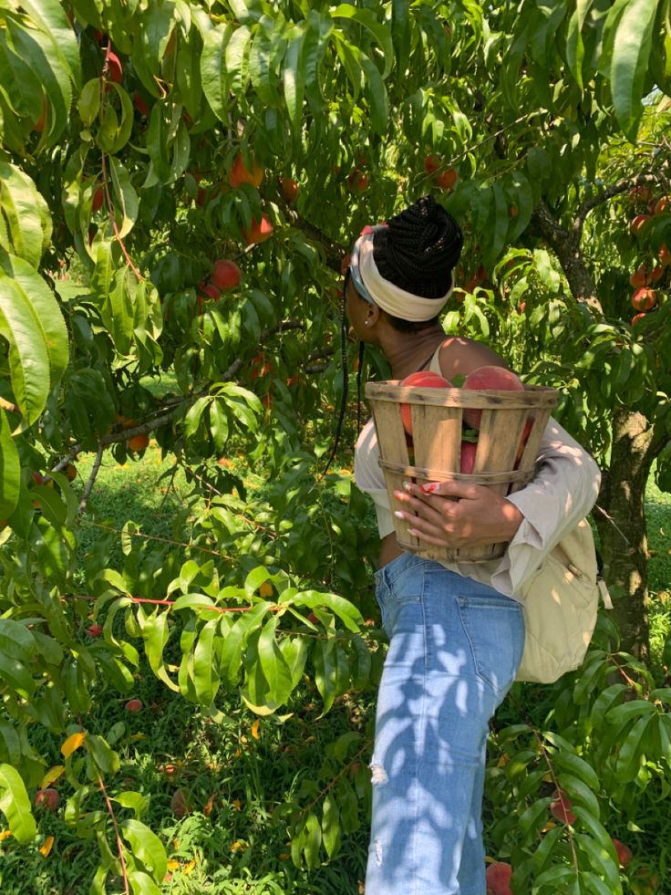 a woman holding a basket in her hands while standing next to a tree filled with fruit