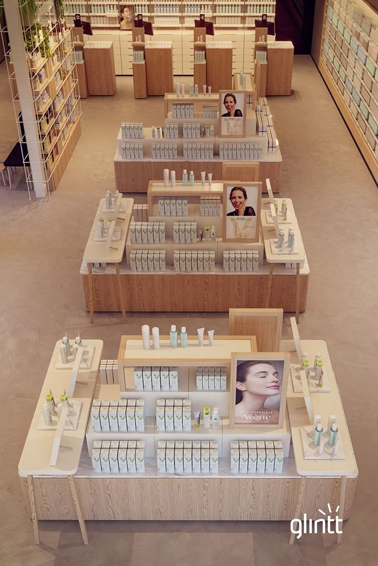 the inside of a cosmetics store with shelves and counter tops filled with products for sale