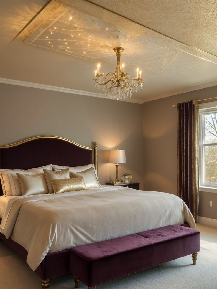 a bedroom with a bed, chandelier and two lamps on either side of the window