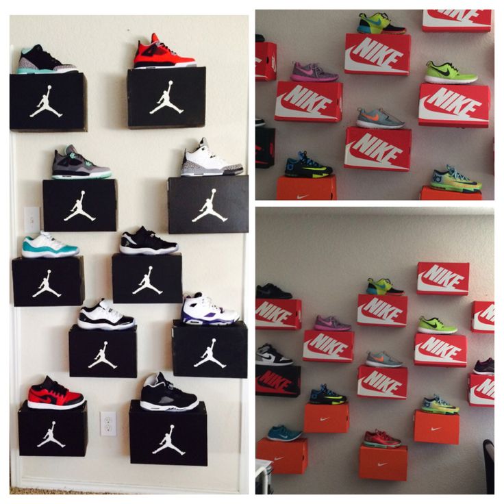 there are many pairs of shoes hanging on the wall next to boxes with nike logos