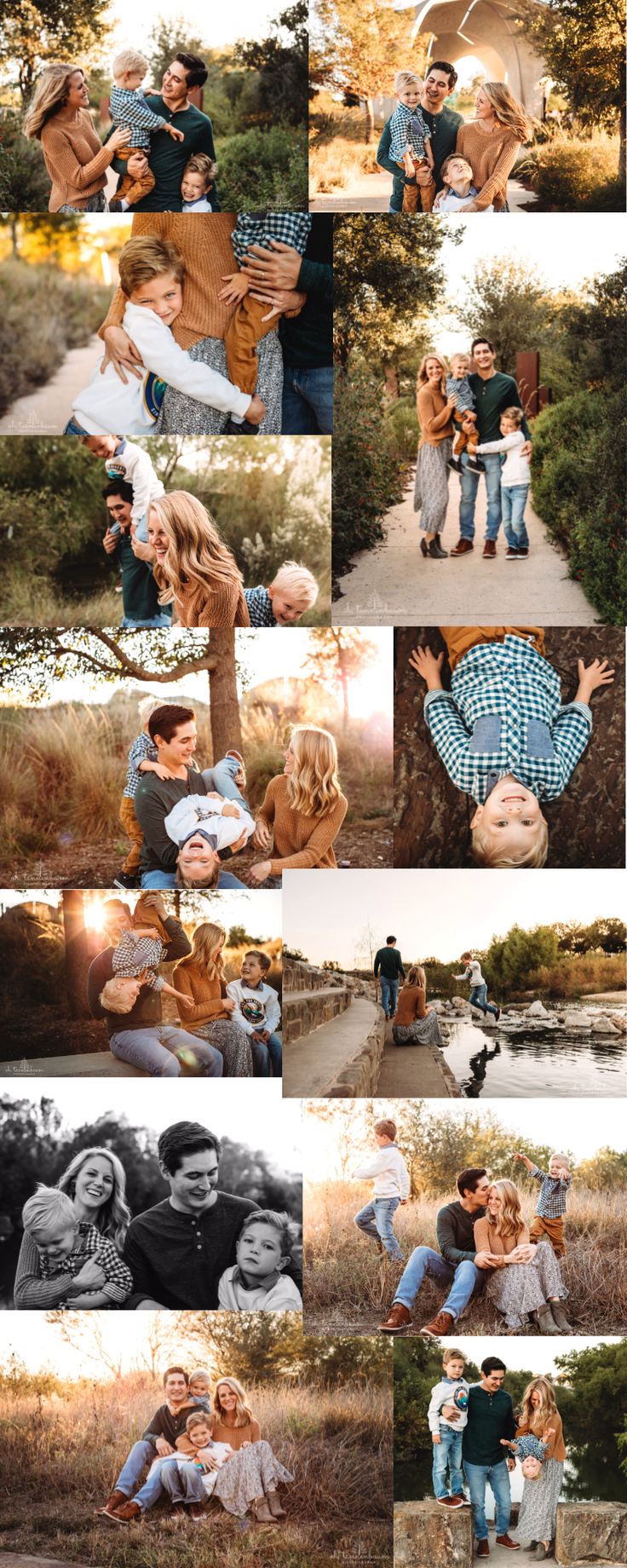 a collage of people posing for pictures in the woods with their arms around each other