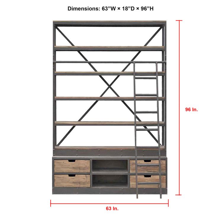 an image of a book shelf with drawers and shelves on each side, measurements for the width