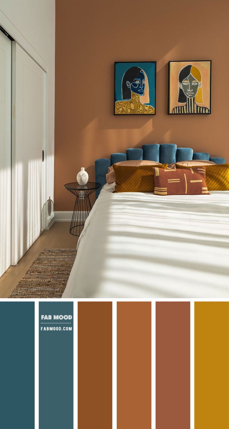 a bedroom with orange, blue and brown colors on the walls