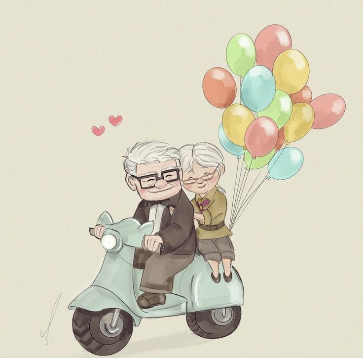 an elderly couple on a scooter with balloons