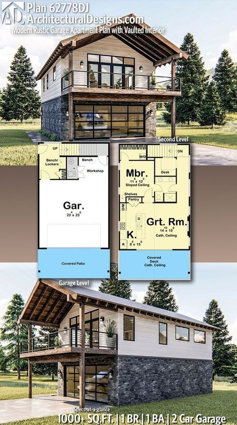 two story house plan with garage and living room in the front, an open floor plan for