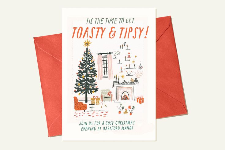 a christmas card with the words toasty and fizzy written on it in red