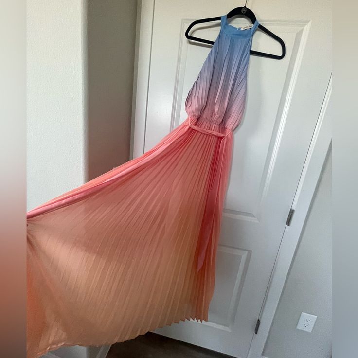 Size Small, Light Stretch On Top, Pleated Design, And Lined Throughout Maxi Dress. Rainbow Faded Coloring. 45in From Elastic Waistband To Bottom Of The Dress. 17in Fully Stretched Out Elastic Waistband. Never Been Worn (Event Was Canceled). Please See Photos For Best Description Of Garnet Details. Pink Lined Maxi Dress For Party, Pink Pleated Vacation Dress, Spring Pink Pleated Maxi Dress, Flowy Pleated Pink Maxi Dress, Flowy Pink Pleated Maxi Dress, Pink Pleated Halter Neck Dress, Fitted Pink Pleated Maxi Dress, Pink Pleated Beach Dress, Pink Pleated Maxi Dress For Vacation