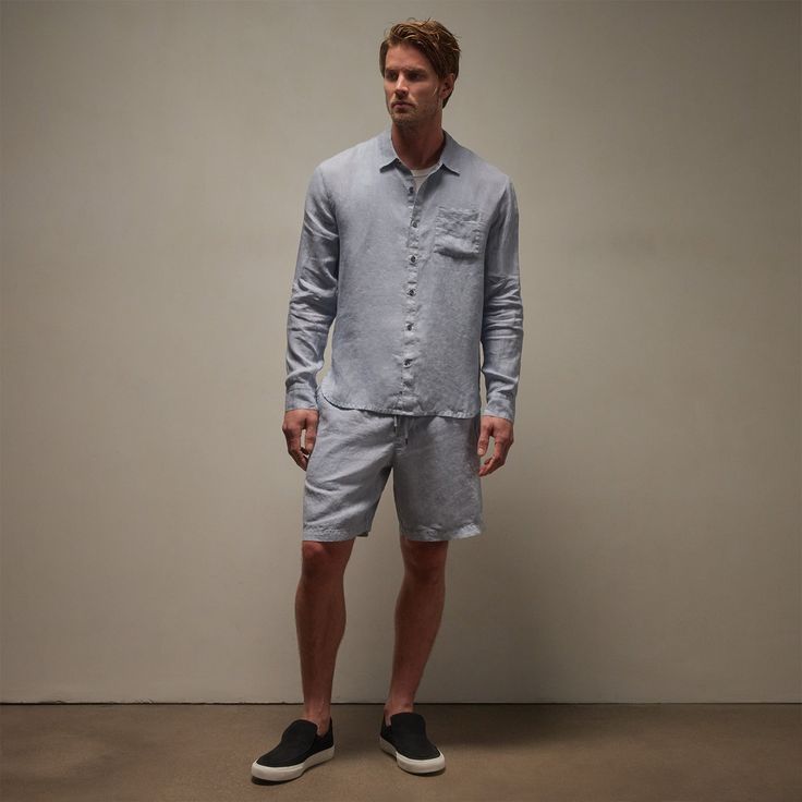 Our Lightweight Linen Shirt is made in our classic lightweight linen that is breathable and soft. Style details include a shirt collar, button front closure, full length sleeves with placket at cuffs, back yoke, chest pocket, shirttail hem. Garment dyed. Relaxed fit.Additional Information:• 100% Linen • This garment was dyed using a special pigment process to give each garment a unique look that will evolve and fade over time• We recommend washing this garment separately in cold water before wearing to avoid color rub off. After the first wash, machine wash cold with like colors, tumble dry low Styled With:• MKOH4275 - Relaxed Fit Linen Short • MKJ3632 - LA Muscle Tank Open Sky, Linen Short, Muscle Tank, Muscle Tanks, Shirt Collar, Soft Style, Linen Shirt, Chest Pocket, Cold Water