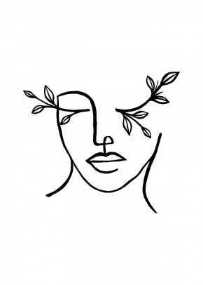 a black and white drawing of a woman's face with leaves on her forehead