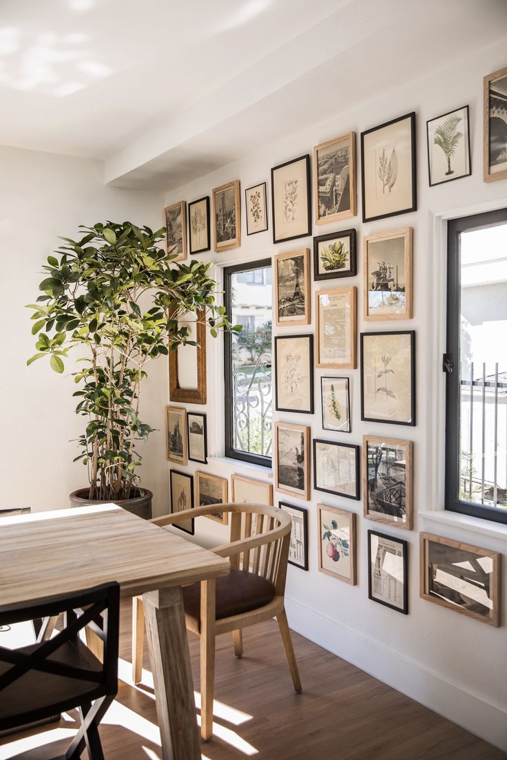 a dining room table with chairs and pictures on the wall behind it in front of a potted plant