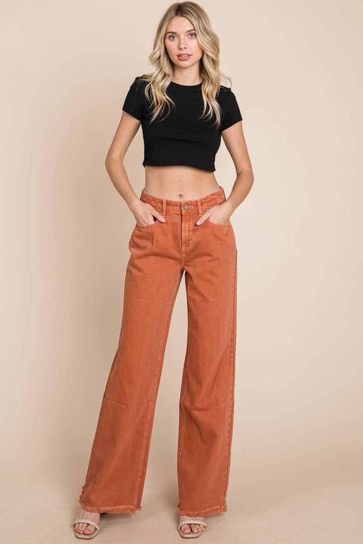 High Rise Raw Hem Wide Leg Washed Color Pants High Rise Cotton Pants For Fall, High-rise Pants With Loosely Fitted Hips For Fall, Relaxed Fit Orange Pants With Pockets, Orange Relaxed Fit Pants With Pockets, Mid-rise Solid Cotton Pants, Stretch High Rise Wide Leg Pants With Pockets, Stretch High-rise Wide Leg Pants With Pockets, Solid Mid-rise Cotton Pants, Spring Orange Jeans With Pockets