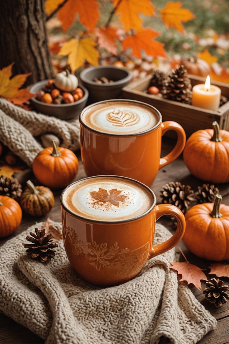 two coffee mugs sitting on top of a wooden table next to pumpkins and pine cones