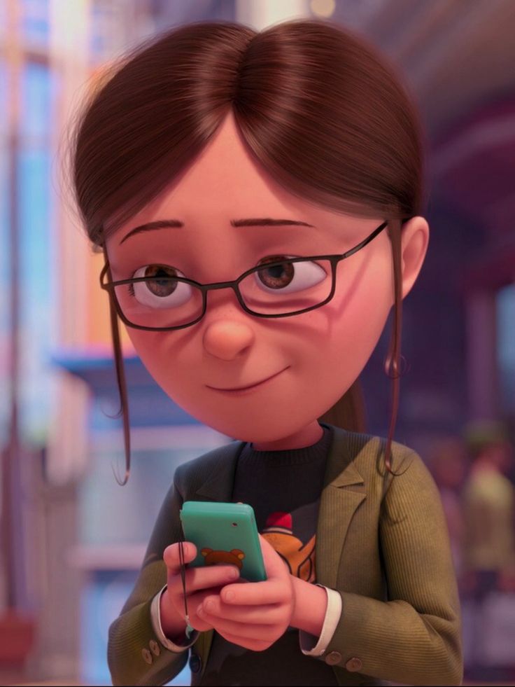 a cartoon character holding a cell phone in her hand and looking at the screen while wearing glasses