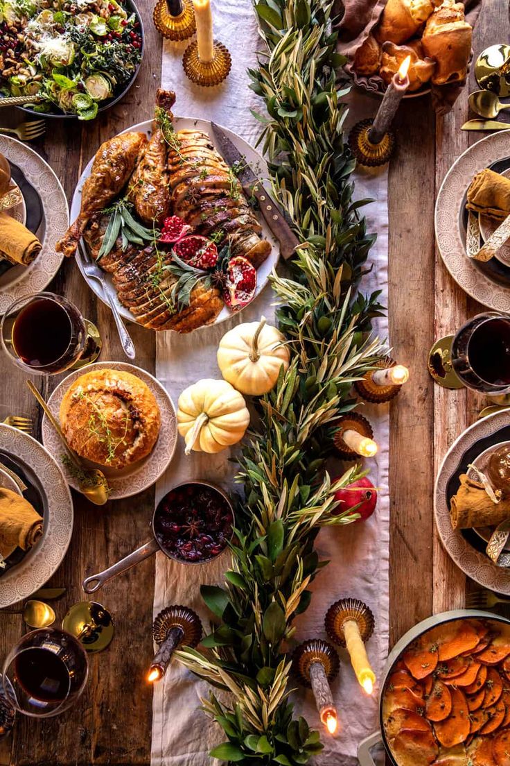 an overhead view of a table with food and drinks on it, including turkeys