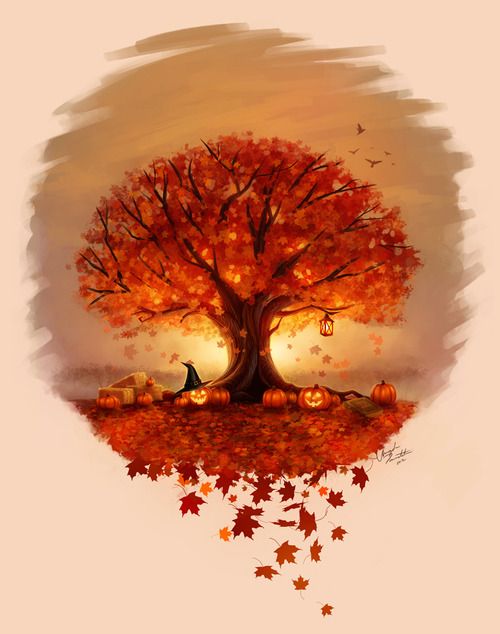 a painting of a tree with pumpkins on the ground and leaves falling from it