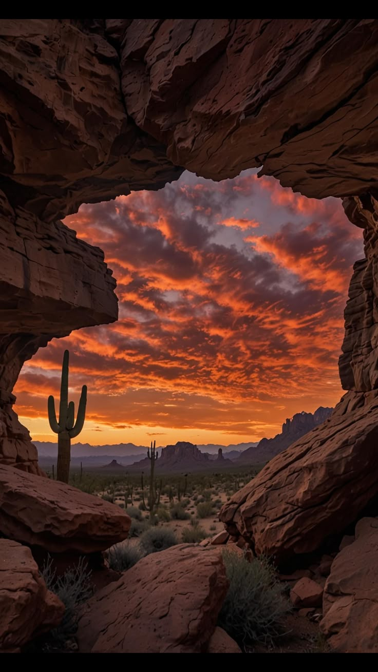 the sun is setting behind some rocks and cactus