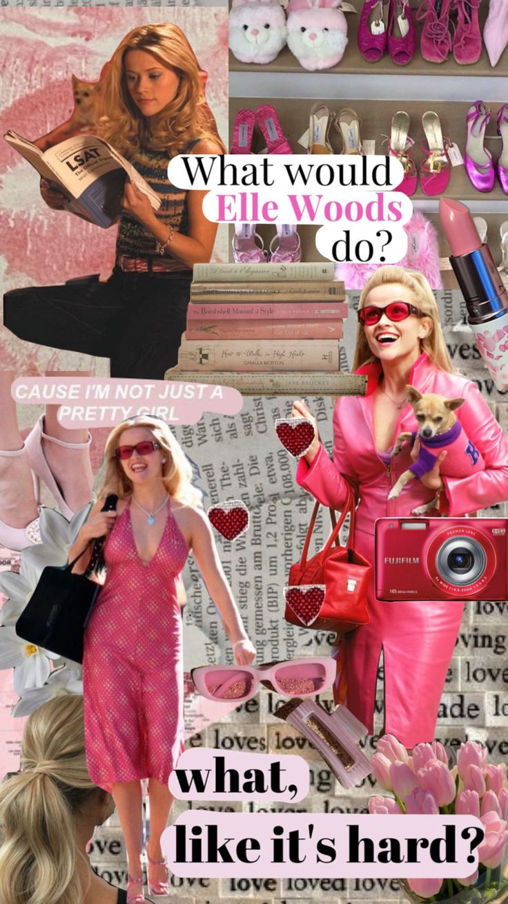 a collage of photos with the words what would ellie woods do? and images of women in pink dresses