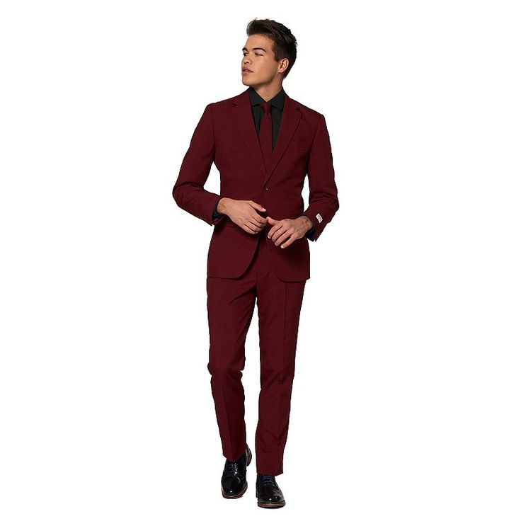 Unforgettable style. Featuring a solid design and slim fit, this men's novelty suit and tie set from OppoSuits will have them remembering you. Click on this MEN'S GUIDE to find the perfect fit and more!PRODUCT FEATURESIncludes: suit jacket, pants & matching tieJacket: padded shoulders, notched lapels, 2-button front, 5-pocket, long sleeves, regular-length jacket fits those between 5'8" and 5'11" tallPants: flat front, 4 pockets, zipper fly with hook & button closure, 9.8-inch front rise, 13.75-i Red Slim Fit Suits With Notch Lapel, Red Slim Fit Suits For Semi-formal Occasions, Tailored Red Sets For Business Casual, Slim Fit Red Blazer For Workwear, Red Slim Fit Blazer For Workwear, Red Fitted Semi-formal Sets, Fitted Red Sets For Semi-formal Occasions, Red Fitted Sets For Semi-formal Occasion, Red Fitted Suits For Business Casual