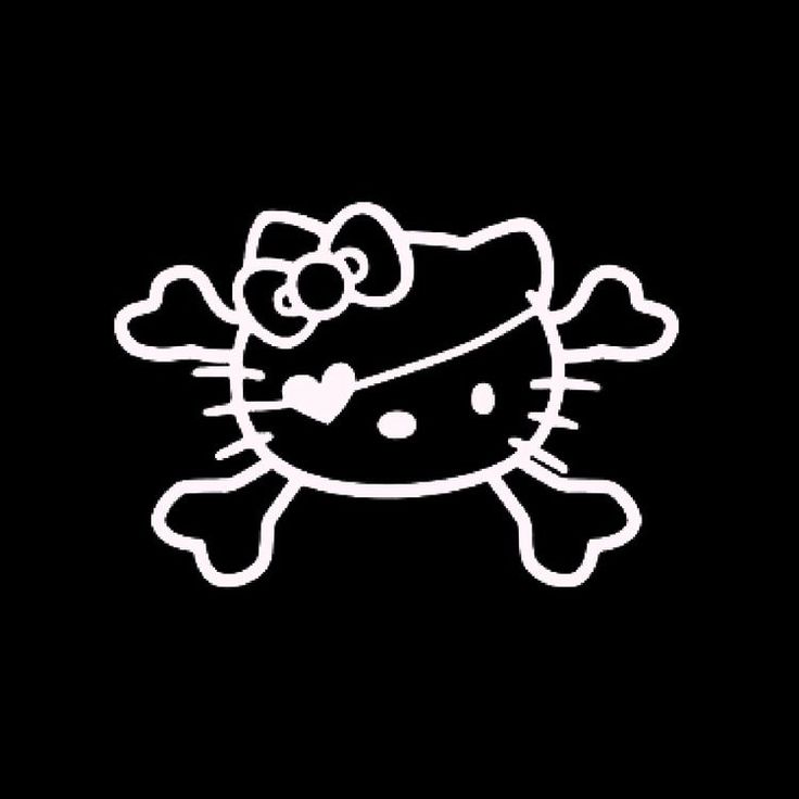 a hello kitty skull and crossbones sticker on a black background with white outline