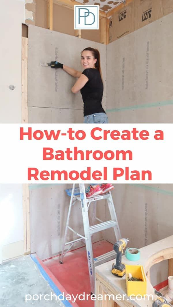 a woman standing on a ladder in a bathroom with the words how to create a bathroom remodel plan