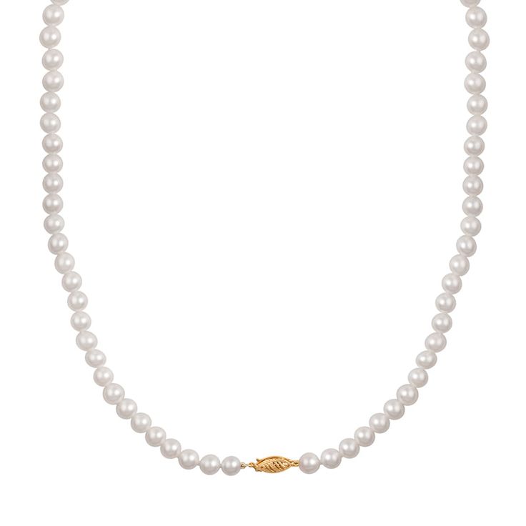 White pearl necklace with a gold clasp on a white background. Elegant Yellow Gold Pearl Necklace With Polished Beads, Formal Akoya Pearl Necklace With Pearl Chain, Luxury Akoya Pearl Necklace With Pearl Chain, Classic Yellow Gold Pearl Necklace With Charm, Elegant Polished Pearl Necklace For Anniversary, Timeless Pearl Necklace For Formal Occasions, Elegant White Single Strand Pearl Necklace, Timeless Akoya Pearl Necklace With Pearl Charm, Elegant Pearl Necklace With Round Beads Pendant