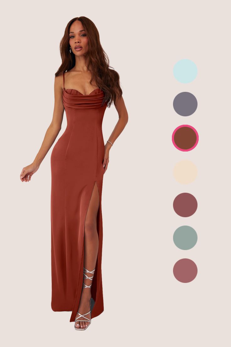 This floor length dress features a pleated sweetheart cowl neckline, dropped cowl back, leg slit, and a lace up corset style back bodice. Terracotta Bridesmaid Dresses, Sangria Bridesmaid Dresses, Formal Wedding Guest Dresses, Copper Bridesmaid Dresses, Mauve Bridesmaid Dress, Rust Bridesmaid Dress, Formal Wedding Guest Dress, Dusty Rose Bridesmaid Dresses, Stretch Satin Dress