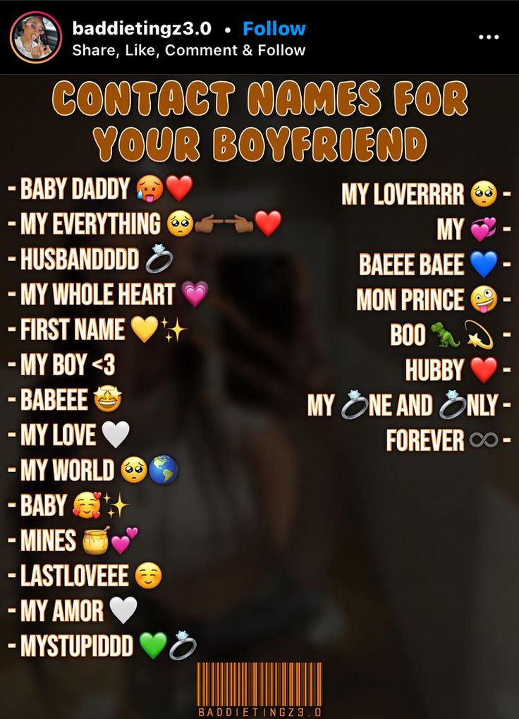 a poster with the words contact names for your boyfriend and other people's faces