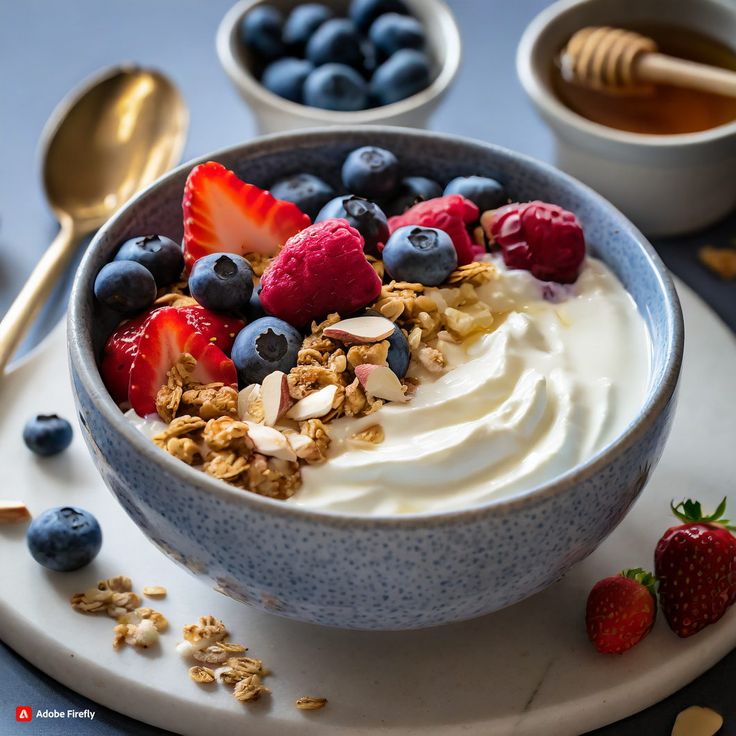 a bowl filled with yogurt and berries on top of a plate next to spoons