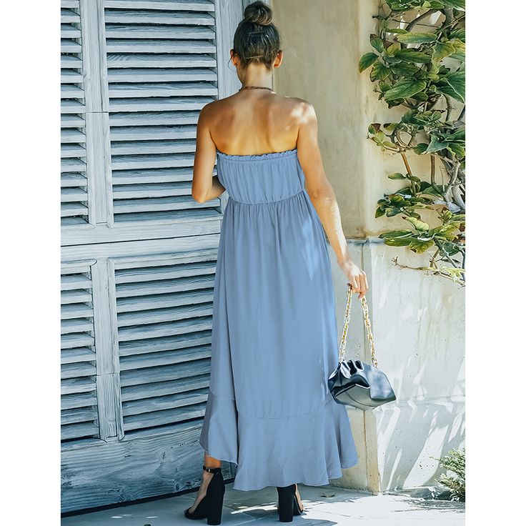 Light Blue Off Shoulder Tube Swing Maxi Dress Casual Blue Strapless Midi Dress, Casual Blue Strapless Maxi Dress, Blue Strapless Midi Dress For Day Out, Strapless Blue Midi Dress For Day Out, Strapless Blue Midi Dress For Beach, Off Shoulder Wrap Dress, Asymmetrical Hem Dress, Color Naranja, Hem Design