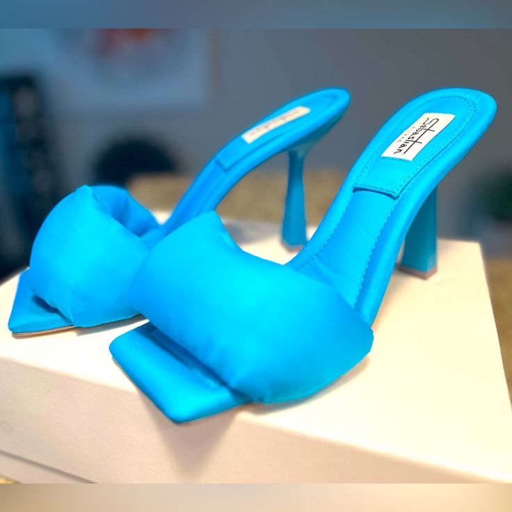 Selling These New And Never Worn Sebastian Milano Sandals In Bright Turquoise Sateen Color, With Leather Sole And Very Soft And Comfortable Puffy Filled Sateen Top Strap. Trendy Blue Pointed Toe Sandals, Fitted Blue Synthetic Sandals, Chic Turquoise Sandals For Summer, Chic Turquoise Open Toe Sandals, Fitted Blue Sandals With Heel Strap, Chic Turquoise Heels For Evening, Turquoise Open Toe Sandals For Party, Chic Blue High Heel Sandals, Trendy Blue Evening Sandals