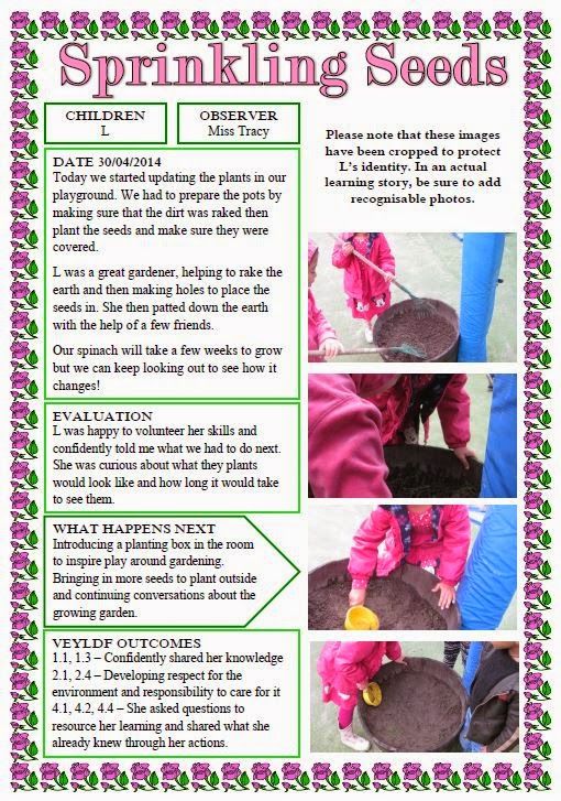 the instructions for sprinkling seeds are shown in pink and green text, along with pictures