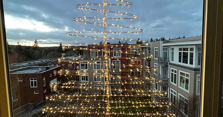 a lighted christmas tree sitting in the middle of a window next to a tall building