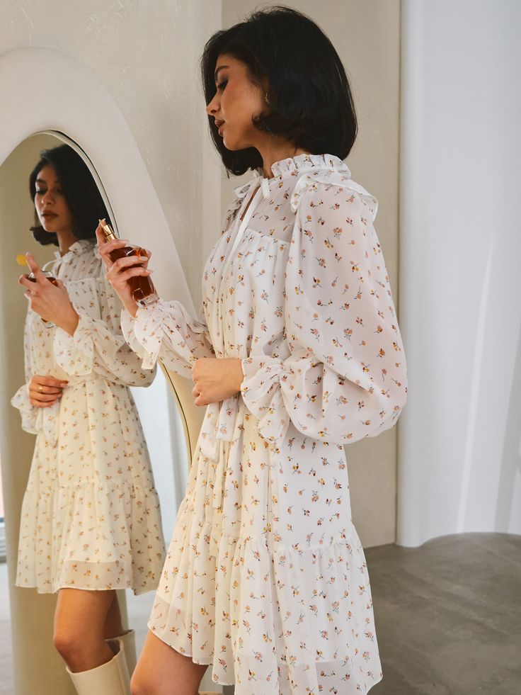 LICHI - Online fashion store :: Floral-printed A-line mini dress Puff Long Sleeve Dress, Long Sleeve Summer Dress, Mini Dress Lace, Short Dresses For Women, Long Sleeve Chiffon Dress, White Floral Print Dress, Floral Print Dress Long, Floral Print Chiffon, Pleated Mini Dress