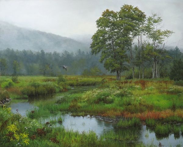 a painting of a marshy field with trees in the background