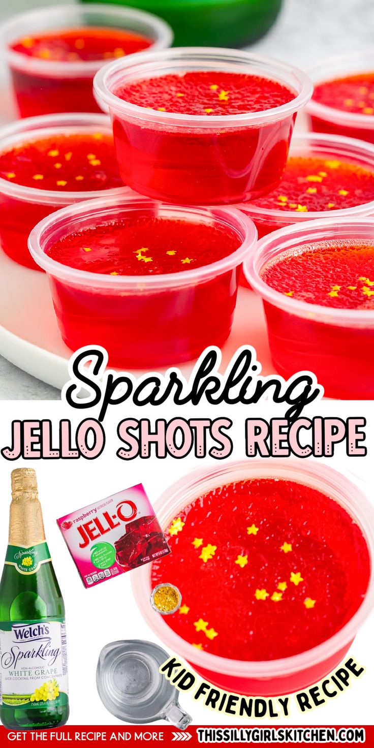 there are several shots in plastic cups with confetti on the bottom and sparkling jello shots in each cup