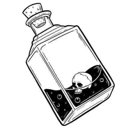 an ink drawing of a skull in a bottle