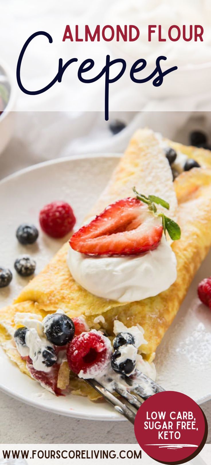 Almond flour crepe on a white plate filled with creamy filling, blueberries, raspberries, and strawberries with a silver fork taking a bite Keto Crepes Recipe, Almond Flour Crepes, Recipe With Almond Flour, Keto Cream Cheese Pancakes, Decadent Cheesecake, Gluten Free Crepes, Recipe Cheesecake, Desayuno Keto, Crepes Recipe