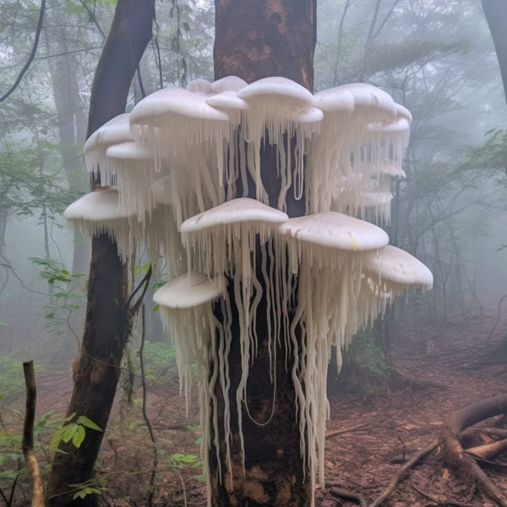 a group of white mushrooms growing on a tree in the woods covered in ice and icicles