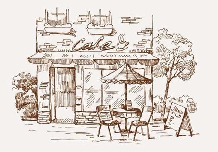 an ink drawing of a cafe with tables and chairs in front of the storefront