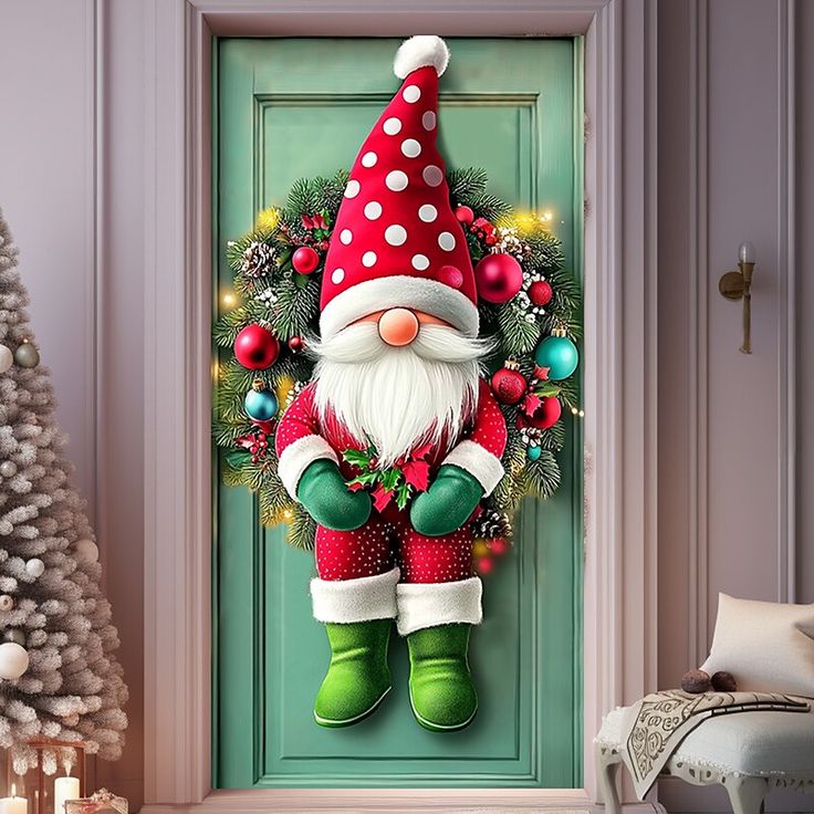 a christmas door hanger with a santa clause holding a wreath on it's front