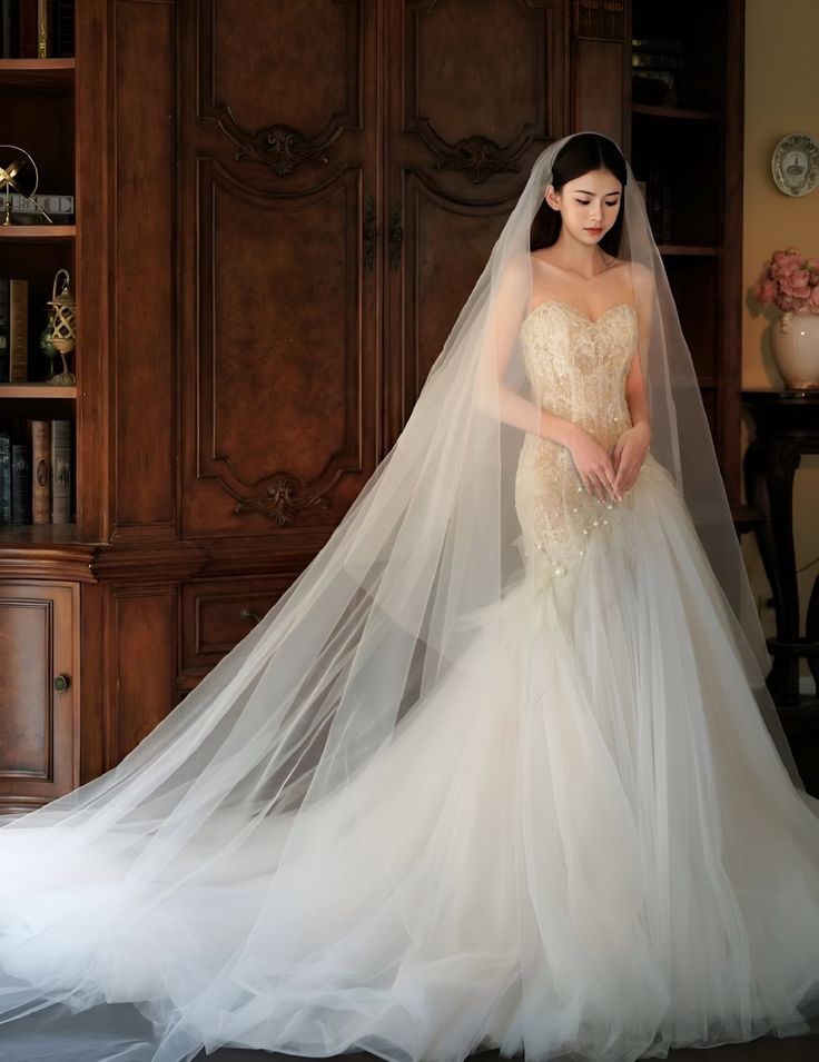 a woman in a wedding dress with a long veil on her head standing next to a bookcase